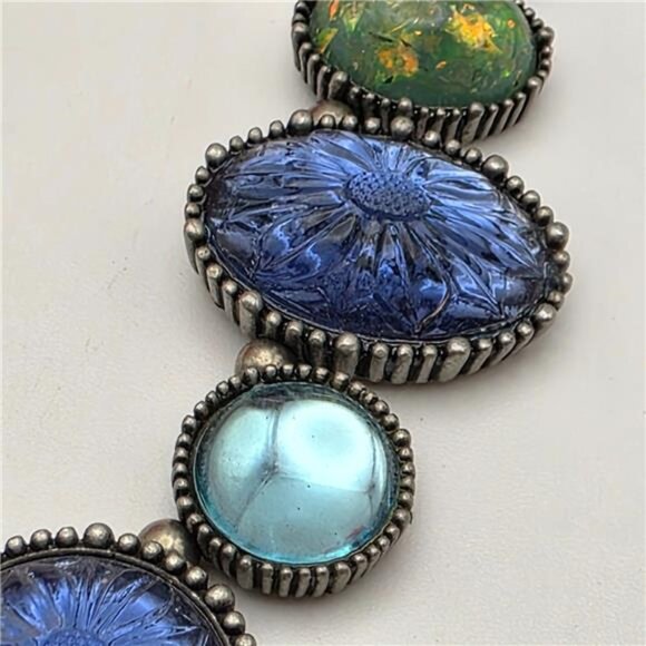 Blue Green Glass Bead Link Necklace Silver Tone Floral Molded 20" Adj Vintage - Picture 5 of 10